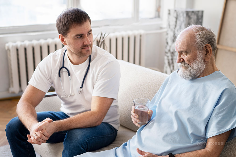 A male doctor in a white coat and blue jeans is sitting on a couch, looking at an elderly male patient in a hospital gown. The patient is sitting in a chair and holding a glass of water.