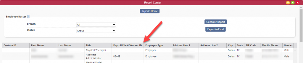 Payroll File #/Worker ID in Employee Roster Report on Axxess Home Health