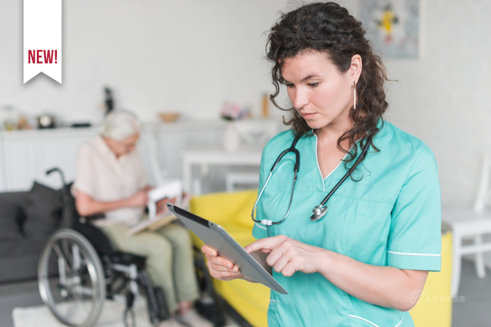 A nurse documents patient information on a tablet, with a senior patient visible in the background.