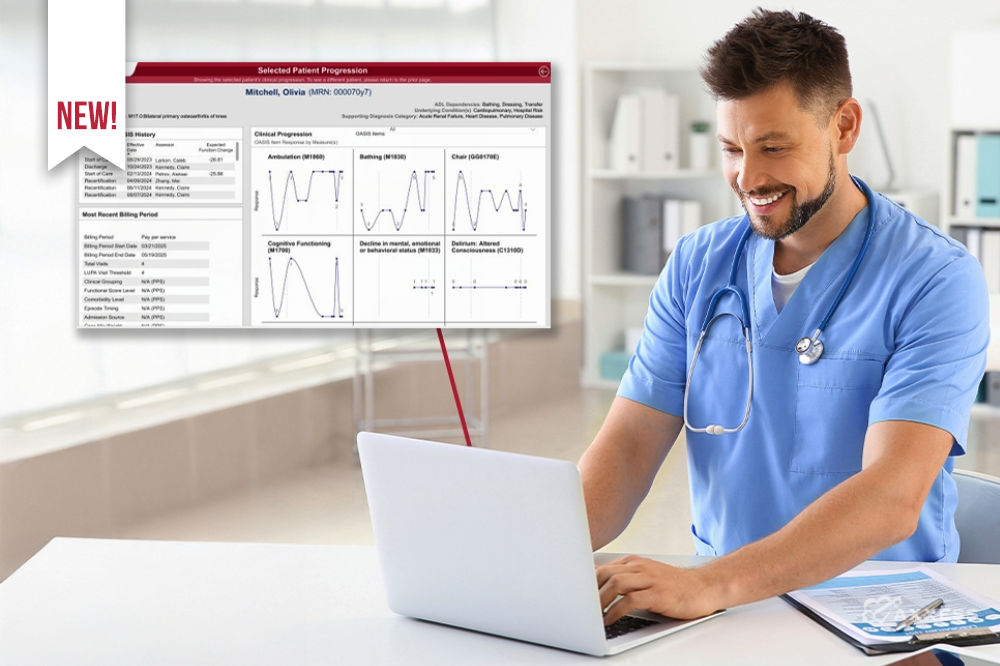 A healthcare professional reviews a patient's progress chart on a laptop. The chart shows clinical progression data, including graphs and key metrics.
