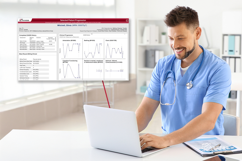 A healthcare professional reviews a patient's progress chart on a laptop. The chart shows clinical progression data, including graphs and key metrics.