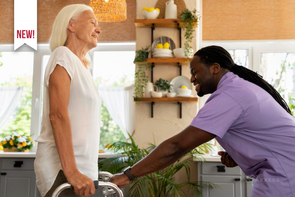 A caregiver, in a lavender medical shirt, aids a senior woman with a gentle smile, navigating the contemporary kitchen with a walker.
