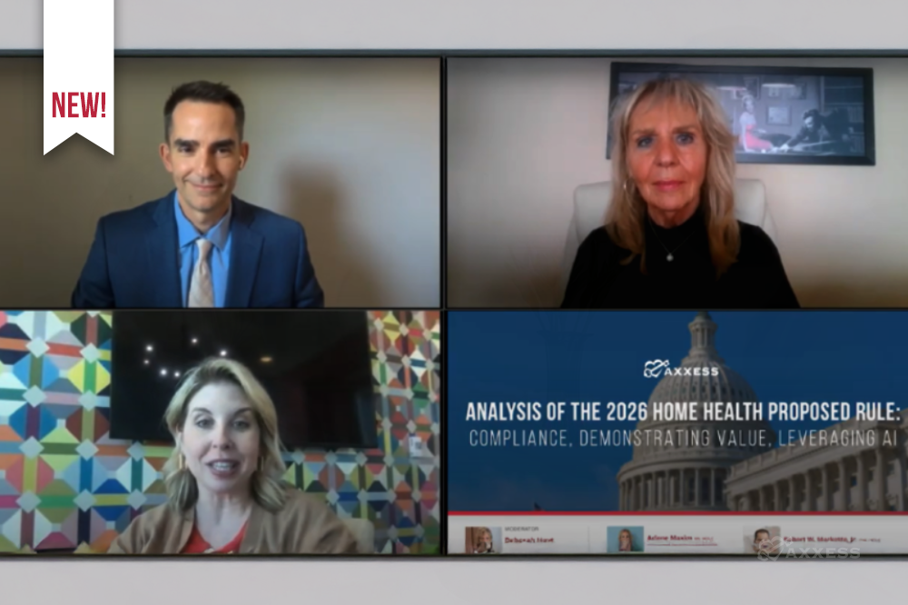 A split-screen image shows three people in a video conference call.