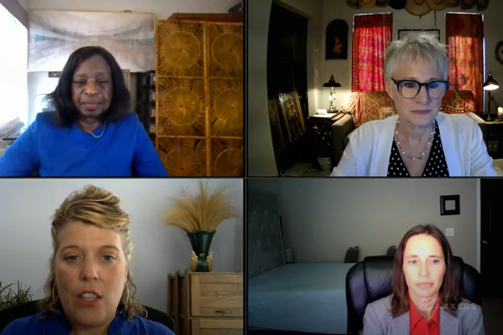 An image displays a virtual meeting with four participants displayed in a grid.