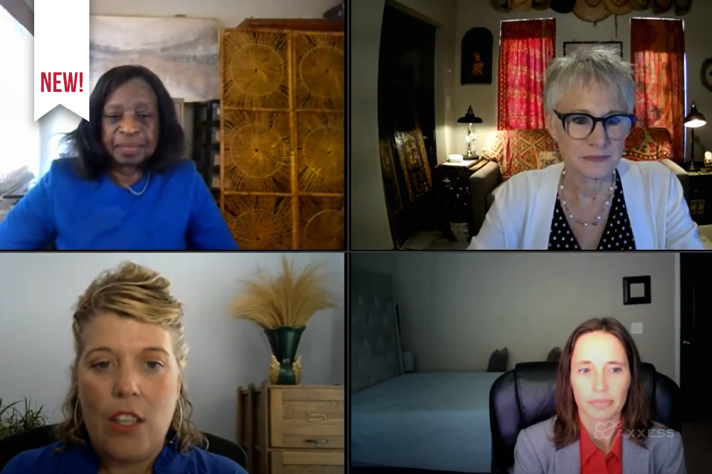 An image displays a virtual meeting with four participants displayed in a grid.