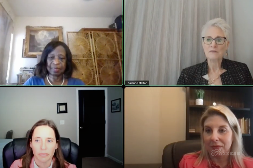 Four individuals are showcased in a video call arrangement, each in their own square frame.