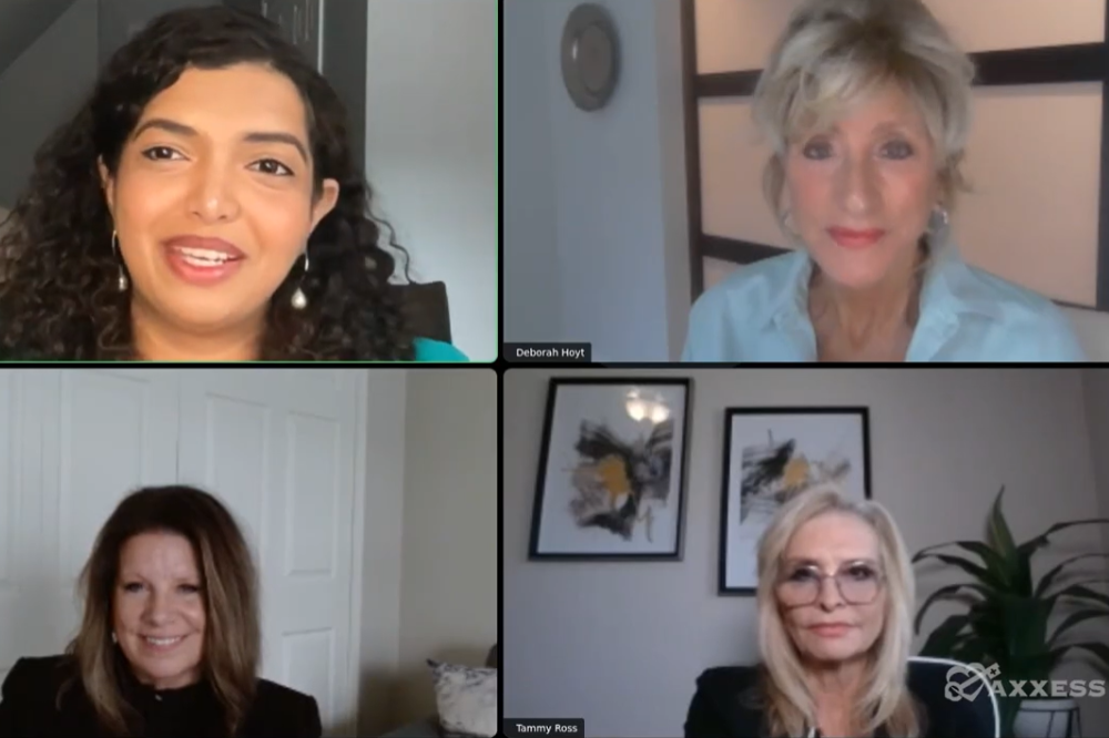 Screenshot of a virtual video conference featuring four panelists from Axxess. Each participant appears in a separate frame, seated in home or office settings with visible backgrounds like furniture, wall art and plants.
