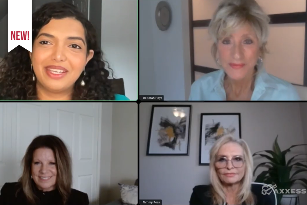 Screenshot of a virtual video conference featuring four panelists from Axxess. Each participant appears in a separate frame, seated in home or office settings with visible backgrounds like furniture, wall art and plants.